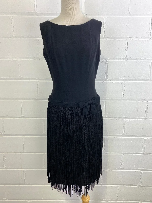 Vintage 1960s Does 20s Party Dress with Fringe Skirt & Waist Bow, Small Pencil Length Work