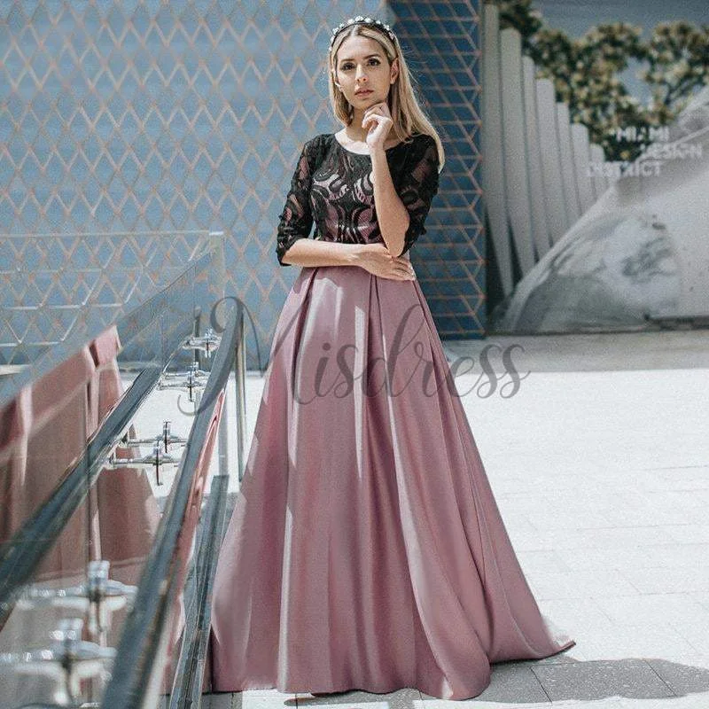 Modest Elbow Sleeves Mauve / Blue Lace Satin Evening Prom Party Dress Tunics Designer luxury