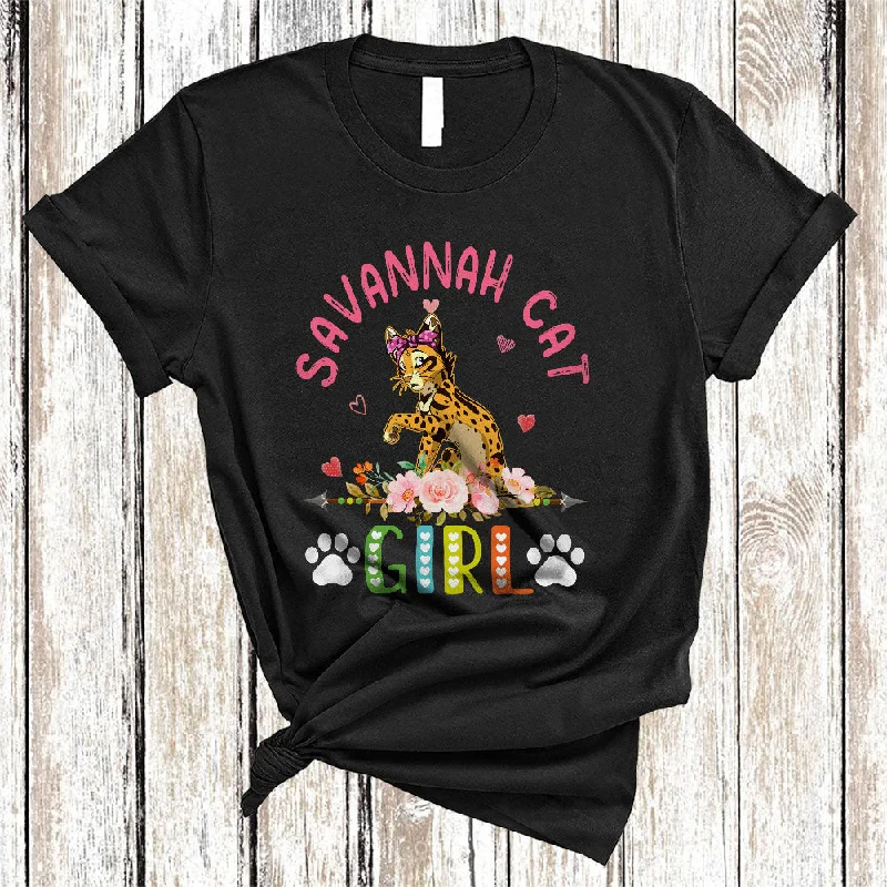 Savannah Cat Girl, Amazing Floral Kitten Lover Hearts Flowers, Matching Girls Women Family T-Shirt Layered Multi-layer Single Layer