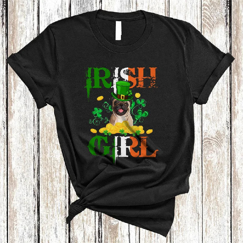 Irish Girl, Wonderful St. Patrick's Day Pug Lover, Matching Women Irish Flag Shamrock T-Shirt Print Jacquard Patchwork
