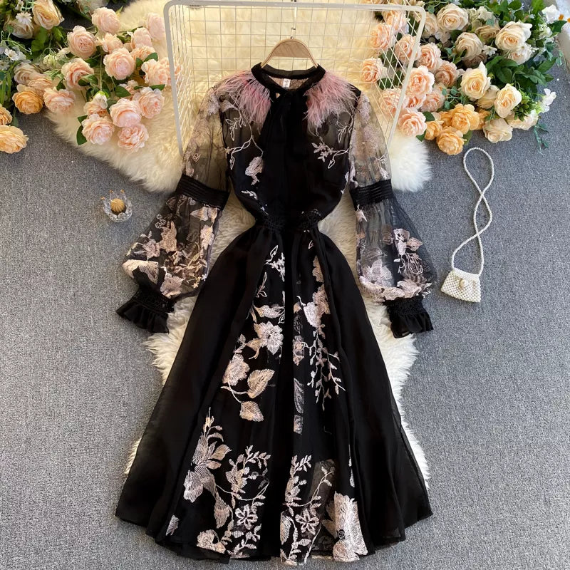 ARWEN & AJH GROUP  Runway Women's Party Dress Autumn Chiffon Patchwork Mesh Floral Embroidery Midi Dress Luxury Feather Bow Collar Dresses Tunics Yoga stretchy