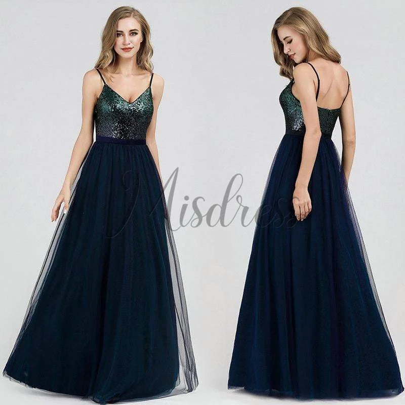 A-line Spaghetti Straps Sequin Tulle Floor Length Evening Prom Party Dress Tunics Practical durable