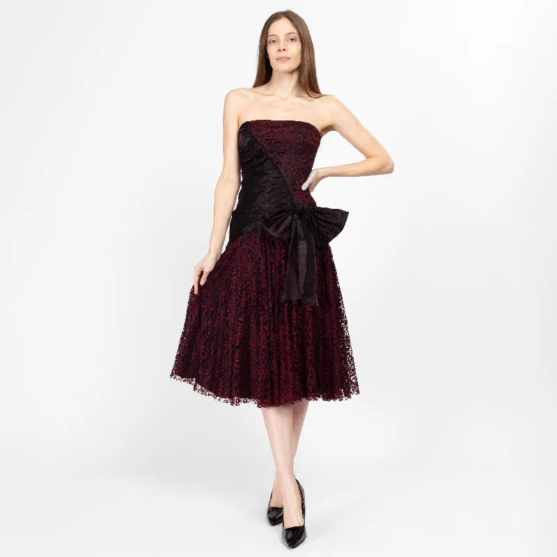 XS 80s Red Lace & Black Satin Strapless Party Dress Glittery Long Formal