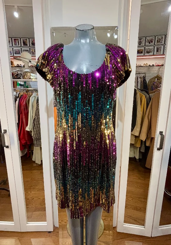 00’s Gold And Multicolor Sequins Cap Sleeve Party Dress Bodycon Fitted Nightout