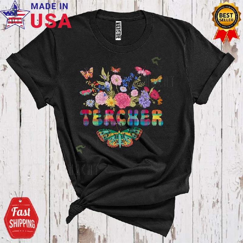 Teacher Cute Cool Plaid Colorful Butterfly Blooming Flowers Matching Women Group T-Shirt Hooded Caped Shawl Collar