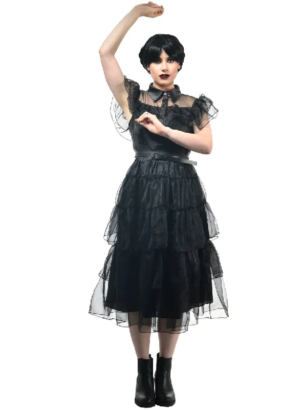 Deluxe Womens Wednesday Addams Party Dress Costume Satin Halter Glamorous