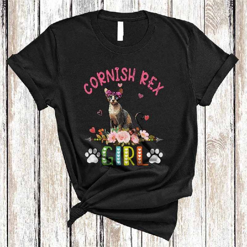 Cornish Rex Girl, Amazing Floral Kitten Lover Hearts Flowers, Matching Girls Women Family T-Shirt Mesh Canvas Denim