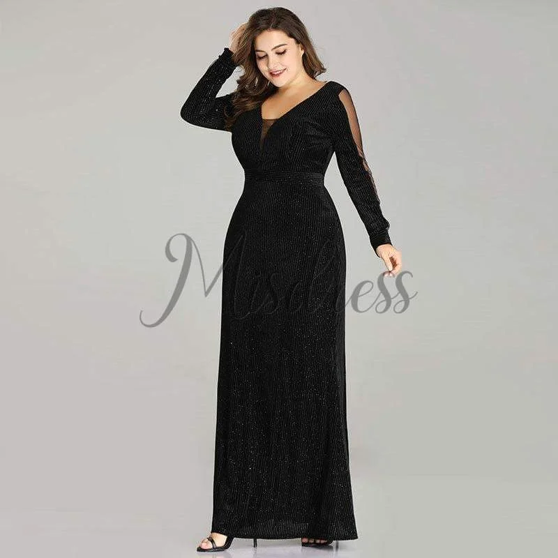 Long Sleeves Velvet Tulle Plus Size Black & Burgundy Evening Party Dress Tunics Chic elegant