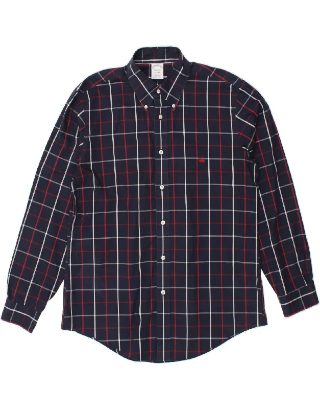 BROOKS BROTHERS Mens Regent Shirt Large Navy Blue Check Cotton Striped Floral Plaid