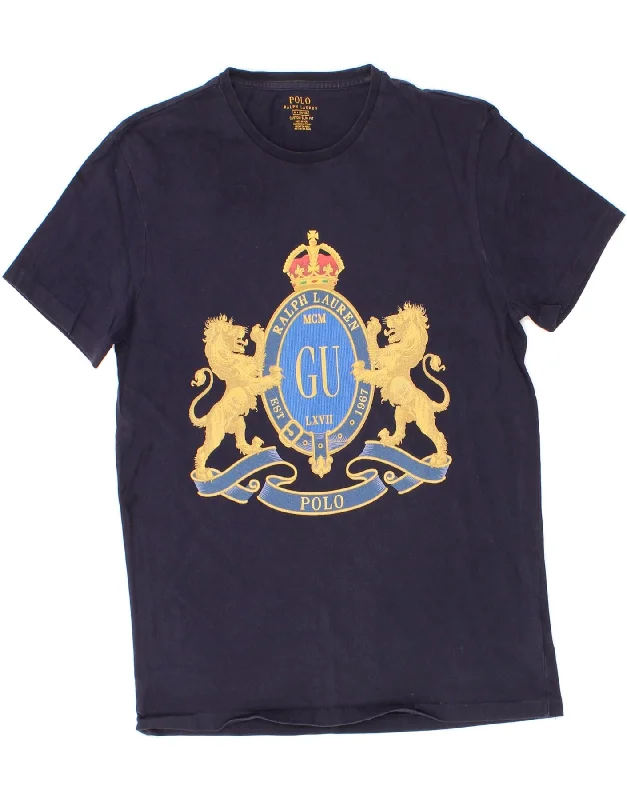 POLO RALPH LAUREN Mens Graphic T-Shirt Top Medium Navy Blue Mesh Fabric Canvas Fabric Denim Fabric