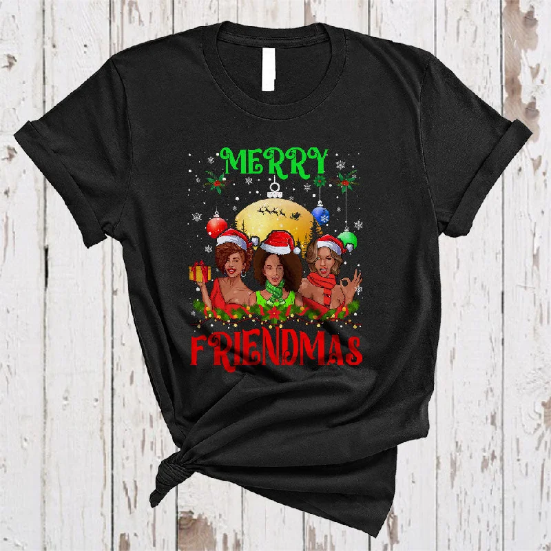 Merry Friendmas, Joyful Christmas Three Santa African Women Afro Black, X-mas Friend Group T-Shirt Denim Fabric Leather Fabric Suede Fabric