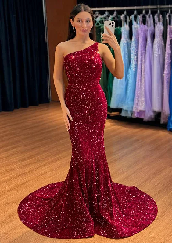 Mermaid One-Shoulder Burgundy Velvet Sequins Formal Prom Party Dress Tunics Brand named
