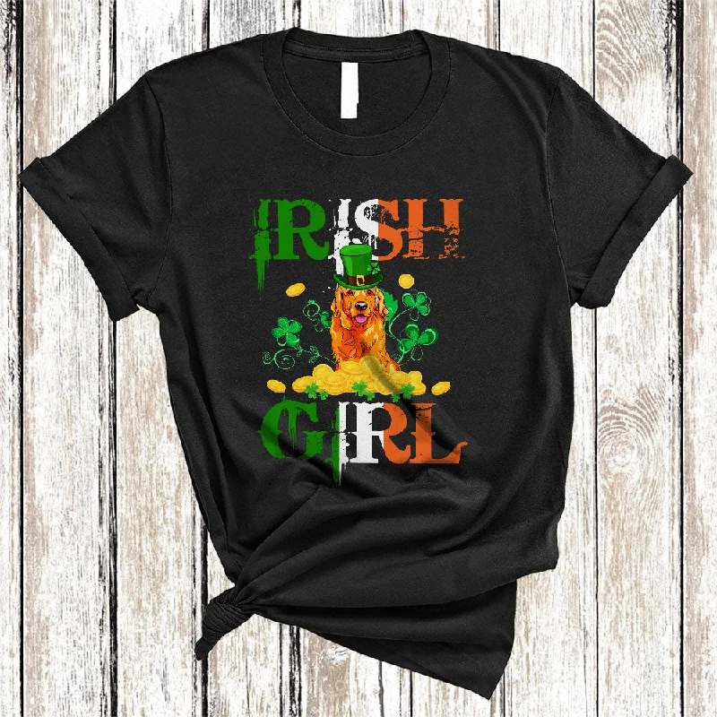 Irish Girl, Wonderful St. Patrick's Day Golden Retriever Lover, Matching Women Irish Flag Shamrock T-Shirt Notch Collar Peter Pan Collar Cowl Neck