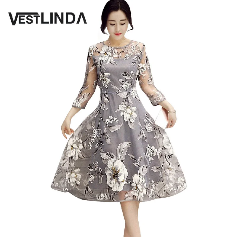 VESTLINDA Retro Vintage Dresses 50s 60s Rockabilly O Neck 3/4 Sleeve A-Line Floral Print Midi Party Dress Summer Women Vestidos Cowl Neckline Elegant