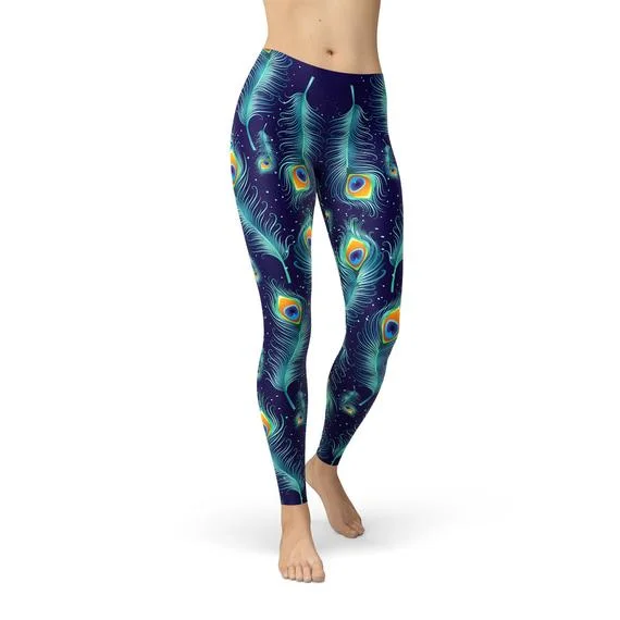 Blue Peacock Feathers Leggings Chic Velvet Soft Leggings