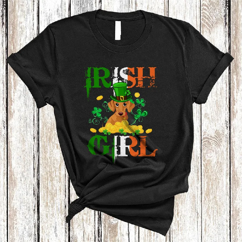 Irish Girl, Wonderful St. Patrick's Day Dachshund Lover, Matching Women Irish Flag Shamrock T-Shirt Front Pockets Side Pockets Patch Pockets
