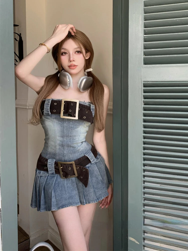 Wjczt Sexy Denim Sheath Mini Party Dress Women Y2K Street Jeans Tube Backless Bodycon Vestidos with Belt Fashion Pleated Mini Skirt Tunics Summer linen