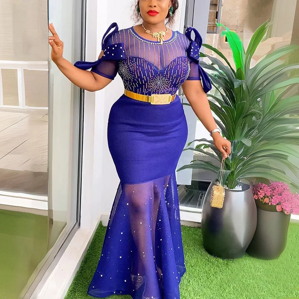 Luxury African Party Dress for Women: Elegant Diamond Cold Shoulder, Transparent Belt, Waisted Mermaid Floor-Length Dinner Night Gown Tunics Solid Classic