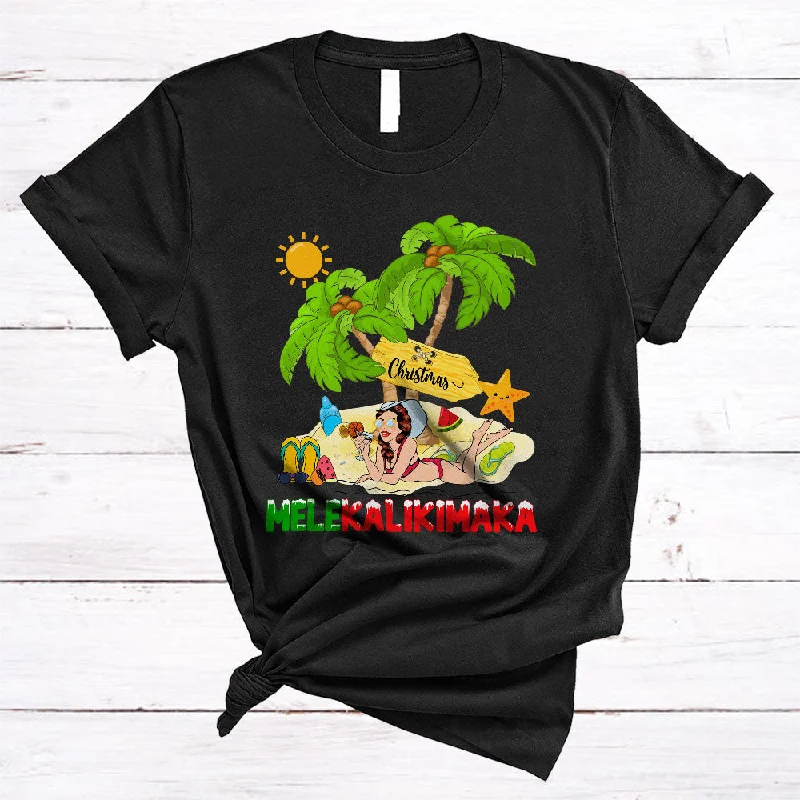 Mele Kalikimaka Cool Awesome Christmas Hawaiian Hawaii Girl Women Drinking Beach Summer Lover T-Shirt Asymmetrical Pockets Print