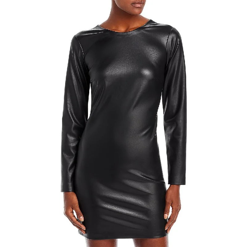 Womens Faux Leather Mini Cocktail and Party Dress Tunics Versatile stylish