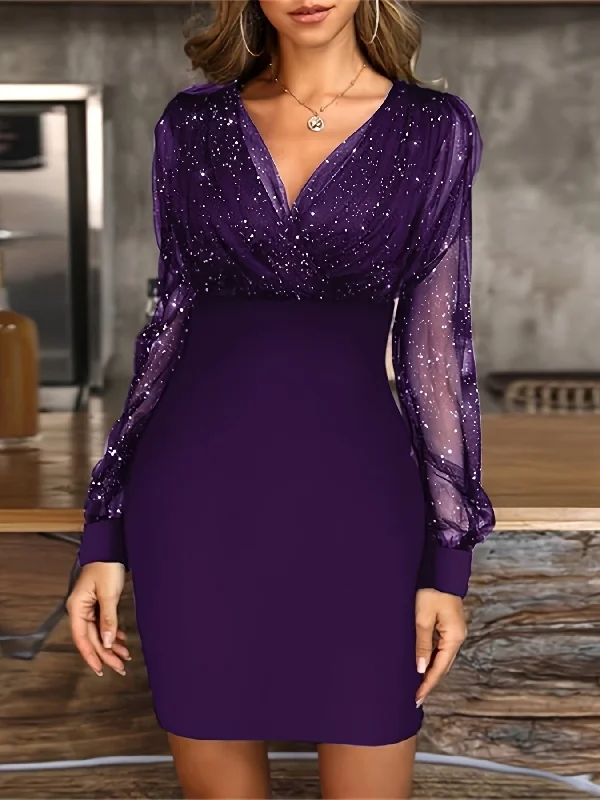 Solid Sequin Stitching Lace Long Sleeve Elegant Mesh Slim Sexy Party Dress Tunics Long Elegant