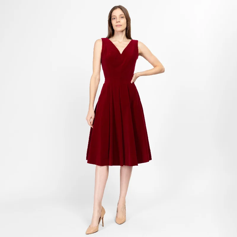 XS 1950s Anne Fogarty Raspberry Red Velvet Fit & Flare Party Dress Sequined Elegant Party