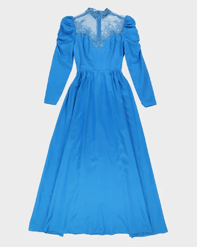 Vintage 1980s Blue Maxi Party Dress - XXS Tunics Practical easy-care