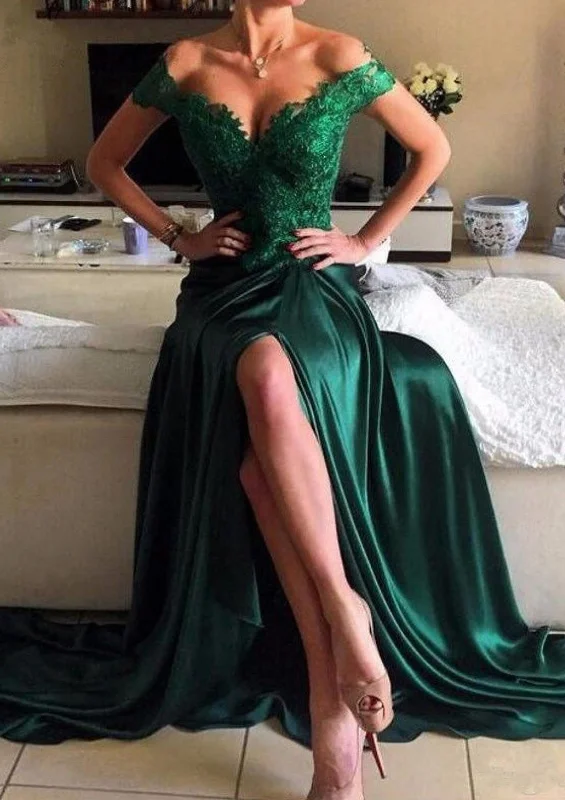 Dark Green Column Off Shoulder Split Lace Satin Prom Party Dress Tunics Chic fashionable