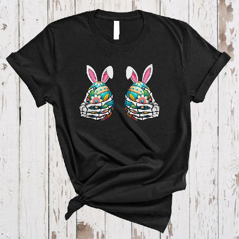 Two Skeleton Hand On Easter Eggs, Cute Easter Day Bunny Egg, Women Family Group T-Shirt Silk Blend Satin Velvet
