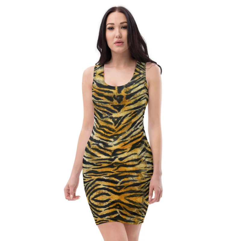 Orange Tiger Stripe Women's Dress, Sexy Animal Print Designer Party Dress-Made in USA/EU Tunics Office stylish
