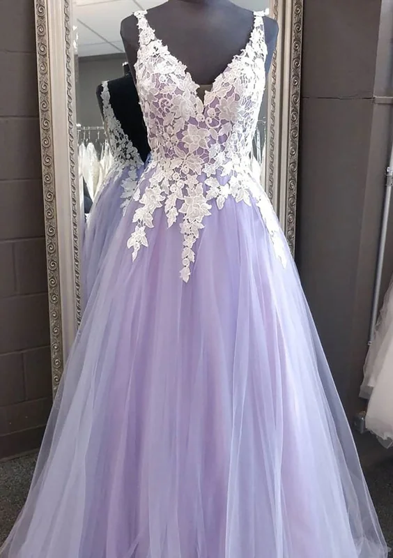 Princess Sleeveless V Neck Lavender Lace Tulle Formal Party Dress Prom Dress Tunics Sophisticated sleek