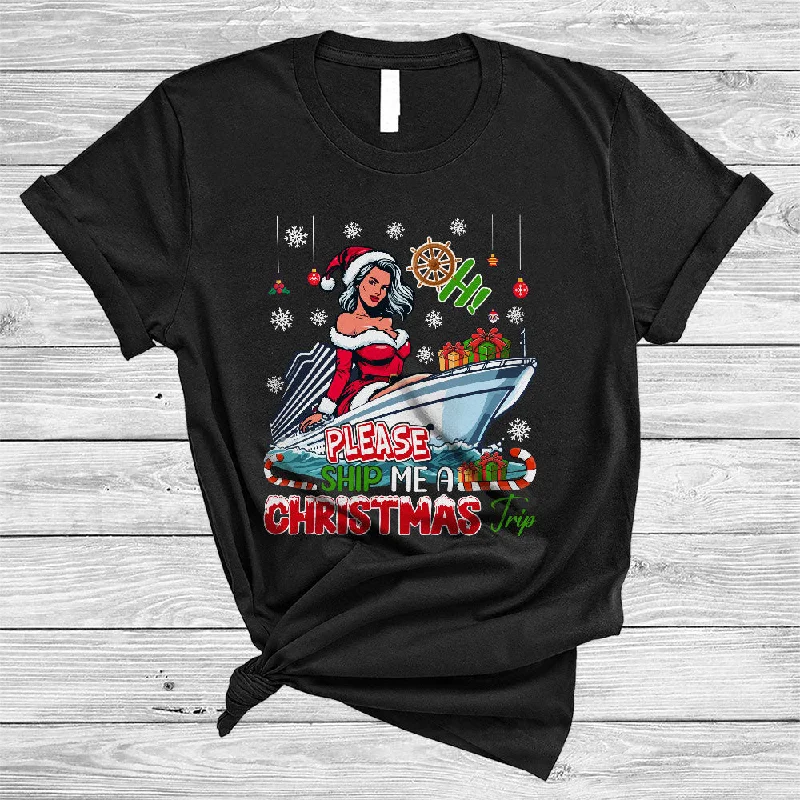 Oh Please Give Me A Christmas Trip, Funny Sarcastic Santa On Cruise, Girls Women X-mas T-Shirt Houndstooth Herringbone Solid
