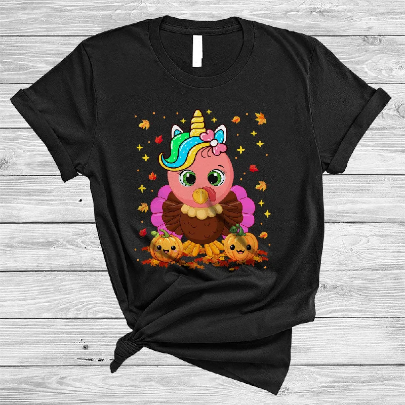 Turkey With Unicorn Face, Lovely Thanksgiving Turkey Unicorns, Girl Women Fall Leaf Pumpkin T-Shirt Basic T-Shirt Crew Neck Short Sleeve
