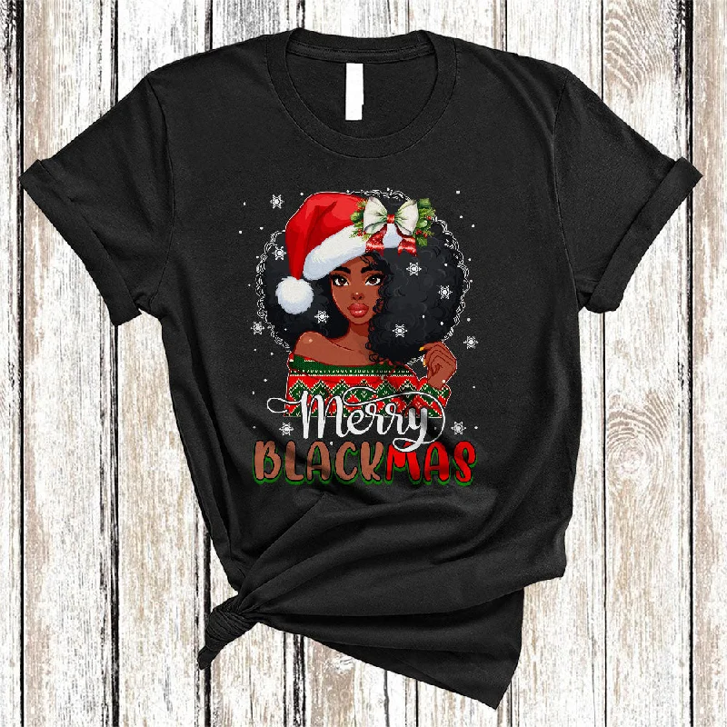 Merry Blackmas, Adorable Christmas Santa African Girl Women, X-mas Black Afro Proud T-Shirt Zippered Front Buttoned Front Snap Front