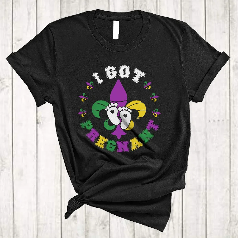 I Got Pregnant, Colorful Mardi Gras Pregnancy Announcement, Women Parades Group T-Shirt Sequined Glittery Shiny