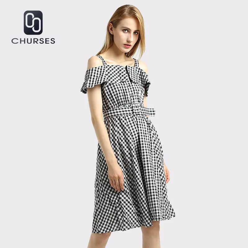 CHURSES 2017 Vintage plaid summer dress women party dresses Ruffle off shoulder loose dress Black casual vestidos de festa sweetheart Neckline Romantic
