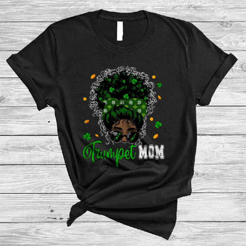 Trumpet Mom, Cool St. Patrick's Day Messy Afro Bun Hair Women, Black African Musician Shamrock T-Shirt Solid Color Striped Floral