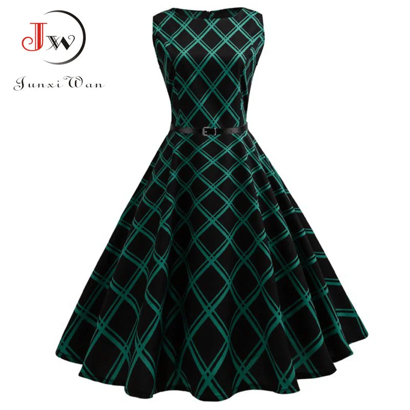 Floral Print Women Summer Dress Hepburn 50s 60s Retro Swing Vintage Dress A-Line Party Dresses With Belt jurken Plus Size Boat Neckline Classic