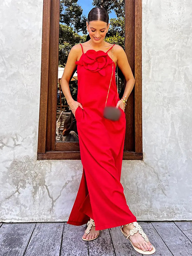 Womens Cocktails Party Dresses Summer 3d Flower Red Midi Dress Pleated Skirt Elegant