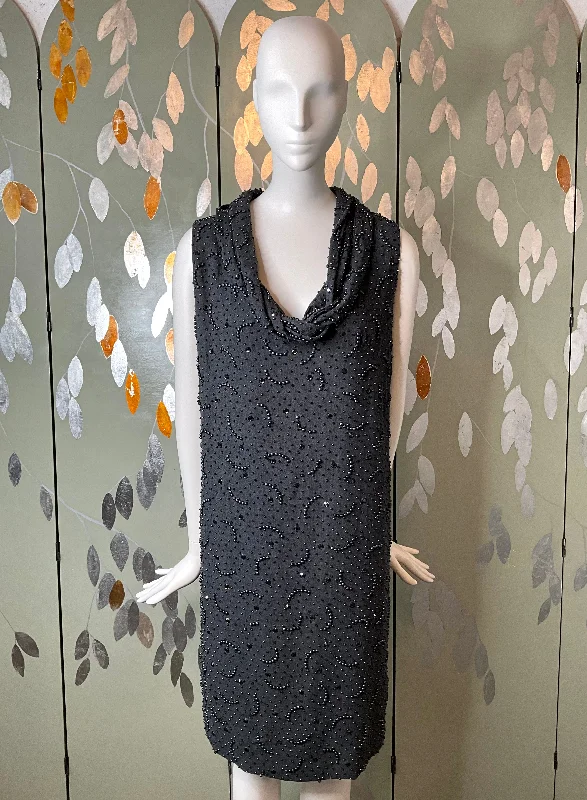 Vintage 1960s Grey Beaded Shift Party Dress, Medium Peplum Ruffle Cocktail