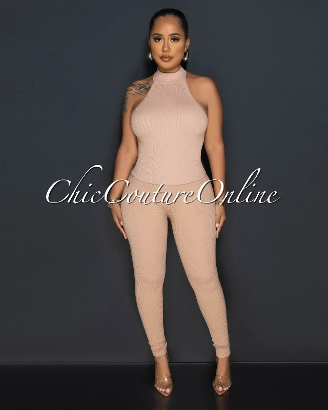Charnelle Nude Mock Top & Leggings Ribbed Sculpting Set Trendy Fitness Leggings
