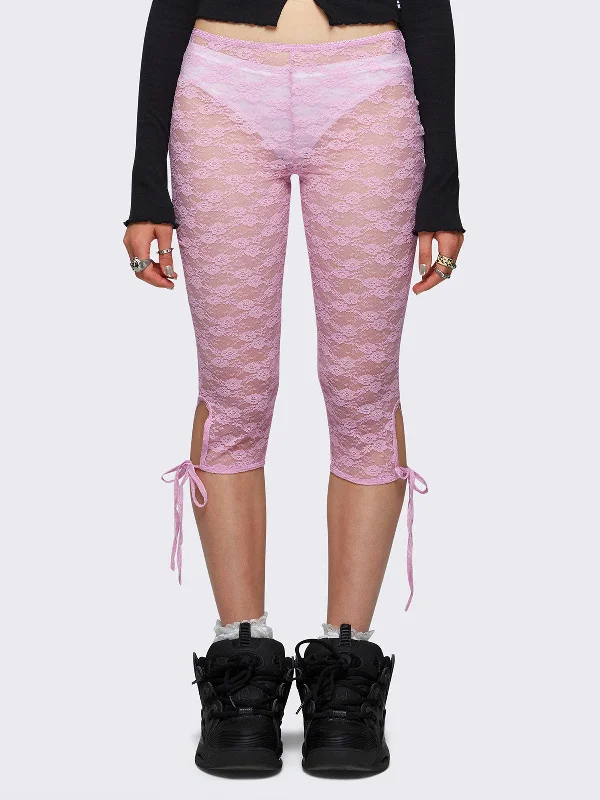 Elara Pink Lace Capri Leggings Fashionable Quick-Dry Leggings