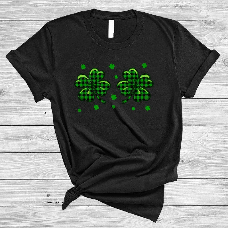 Green Plaid Shamrock Boobs, Lovely St. Patrick's Day Shamrock Women, Family Group T-Shirt Notch Collar Peter Pan Collar Cowl Neck