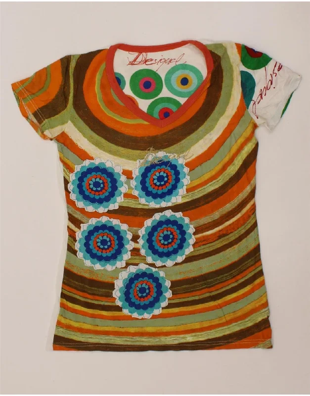 DESIGUAL Womens Graphic T-Shirt Top UK 16 Large Multicoloured Striped Collared T-Shirt Boat Neck A-Line
