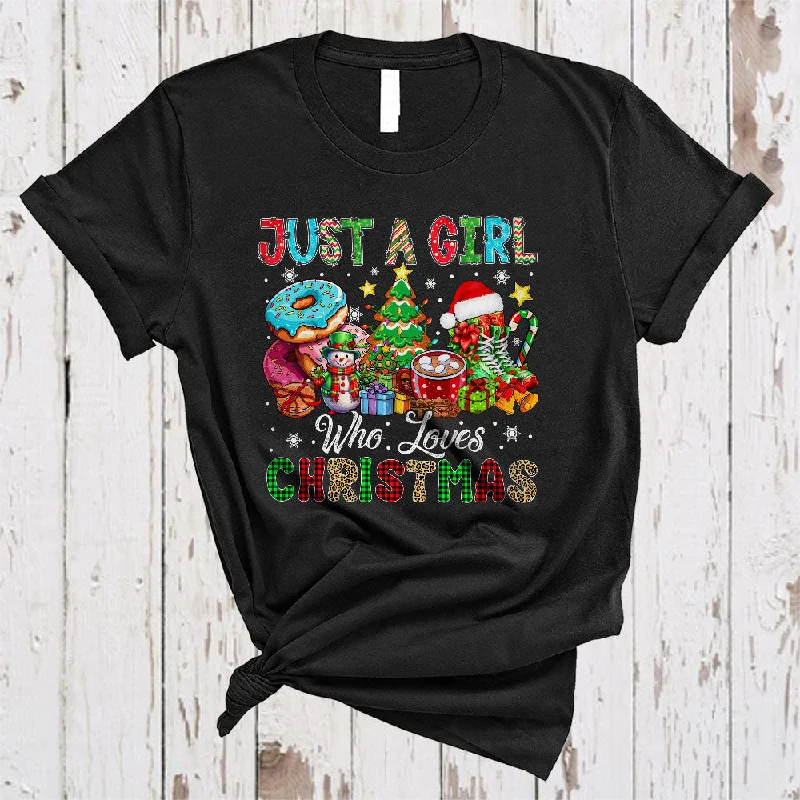 Just A Girl Who Loves Christmas, Colorful X-mas Tree Snowman Donut, Girls Women Family Group T-Shirt Print Jacquard Patchwork