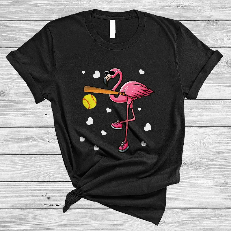 Flamingo Playing Softball, Adorable Flamingo Sunglasses Lover, Girls Women Sport Player T-Shirt Mesh Blend Leather Blend Suede Blend