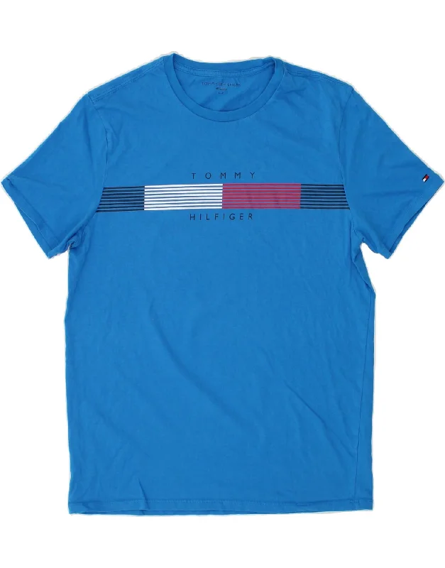 TOMMY HILFIGER Mens Graphic T-Shirt Top Large Blue Cotton Zippered Front Buttoned Front Snap Front