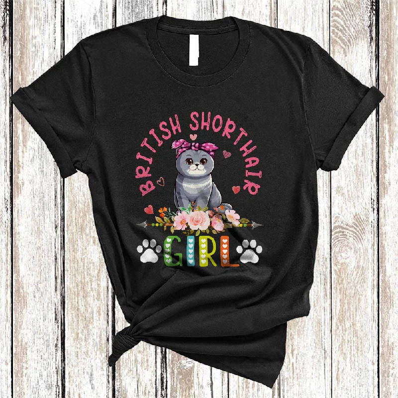 British Shorthair Girl, Amazing Floral Kitten Lover Hearts Flowers, Matching Girls Women Family T-Shirt Iron Safe Non-Iron Wrinkle Free