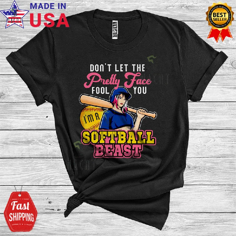 Don't Let The Pretty Face Fool You I'm A Softball Beast Cool Funny Sport Player Women Playing Team T-Shirt Polka Dot Checkered Tartan