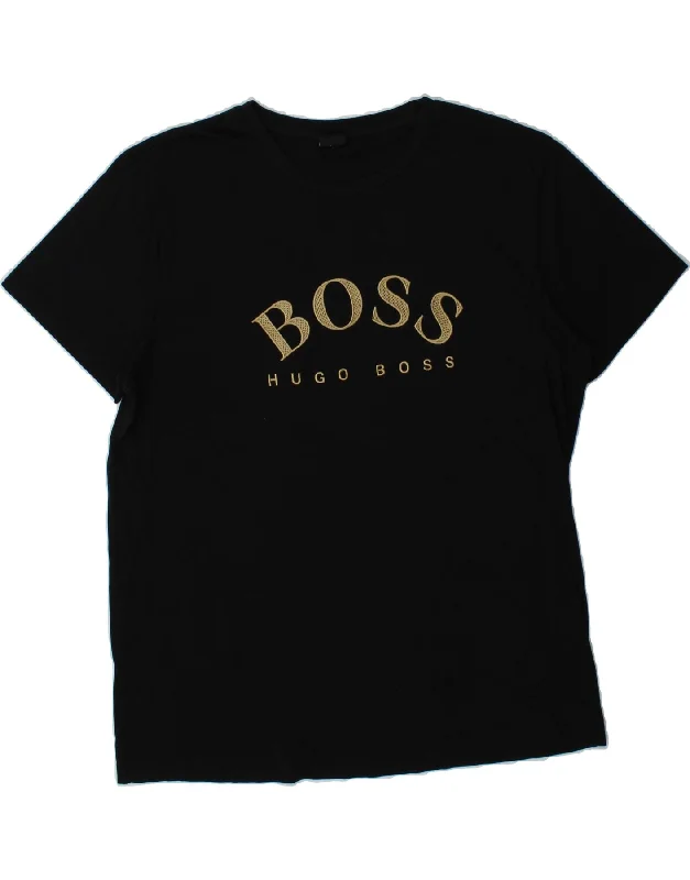 HUGO BOSS Mens Graphic T-Shirt Top 2XL Black Cotton Notch Collar Peter Pan Collar Cowl Neck